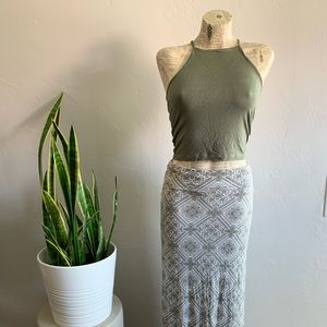 Army green crop tank and pattern maxi skirt